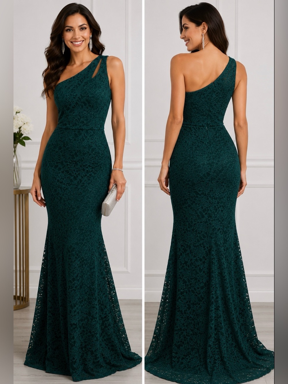 NWT BCX Emerald One Shoulder Lace Mermaid Gown Prom Formal Dress Size